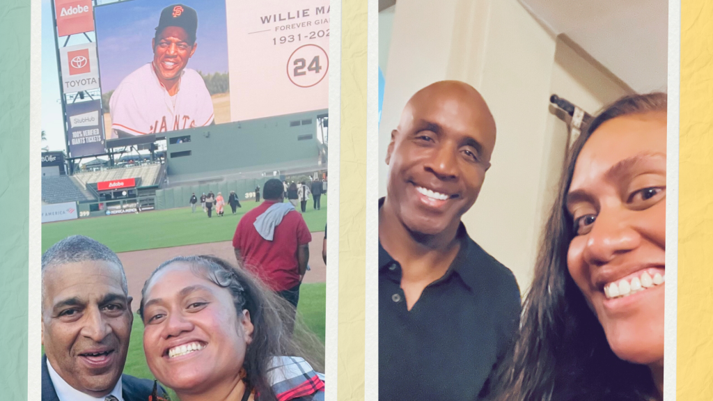 Left: Michael Mays with Faleta at Willie Mays’ memorial. Right: Barry Bonds with Faleta.